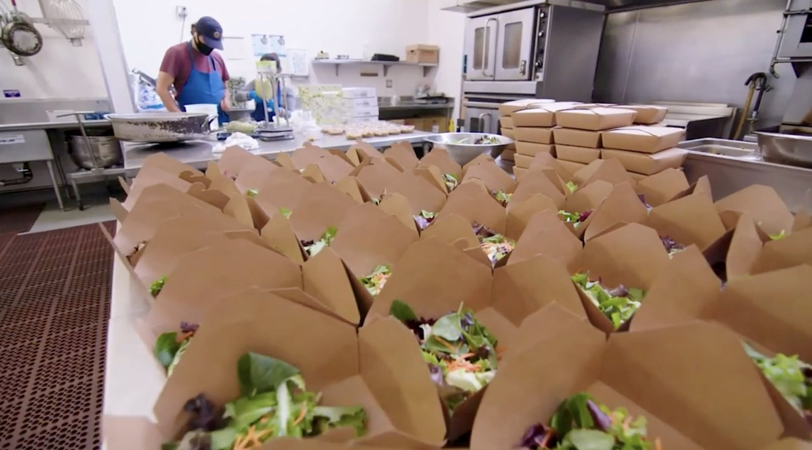 Meals boxed for delivery in La Cocina’s kitchen